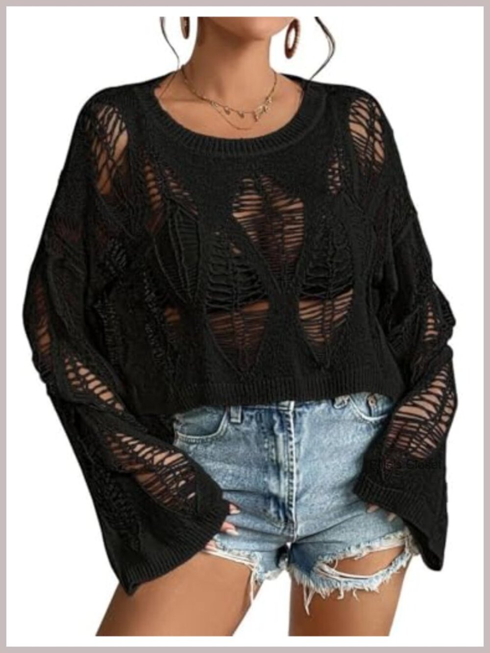 Oversized Punk Goth Sweater Long Bell Sleeve Knit Crop Pullover
